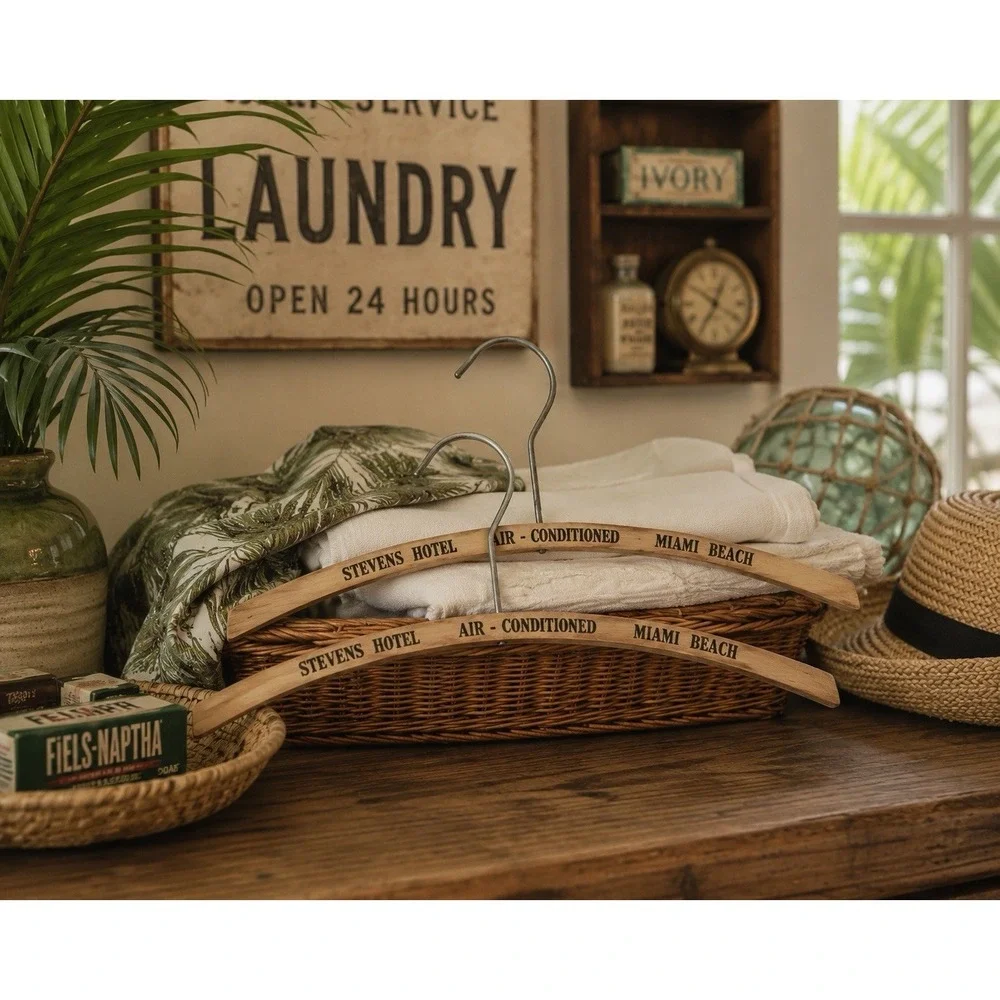 Stevens Hotel Miami Beach Wooden Clothes Hangers Lot of 2 Travel Advertising VTG